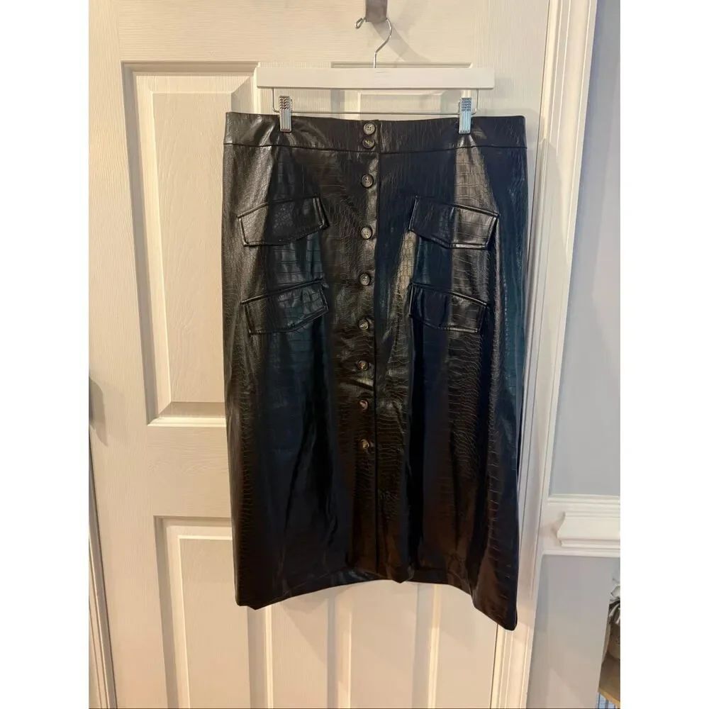 Mare Mare X Anthropologie Black Faux Croc Button Down Midi Skirt sz 1X NWT $148